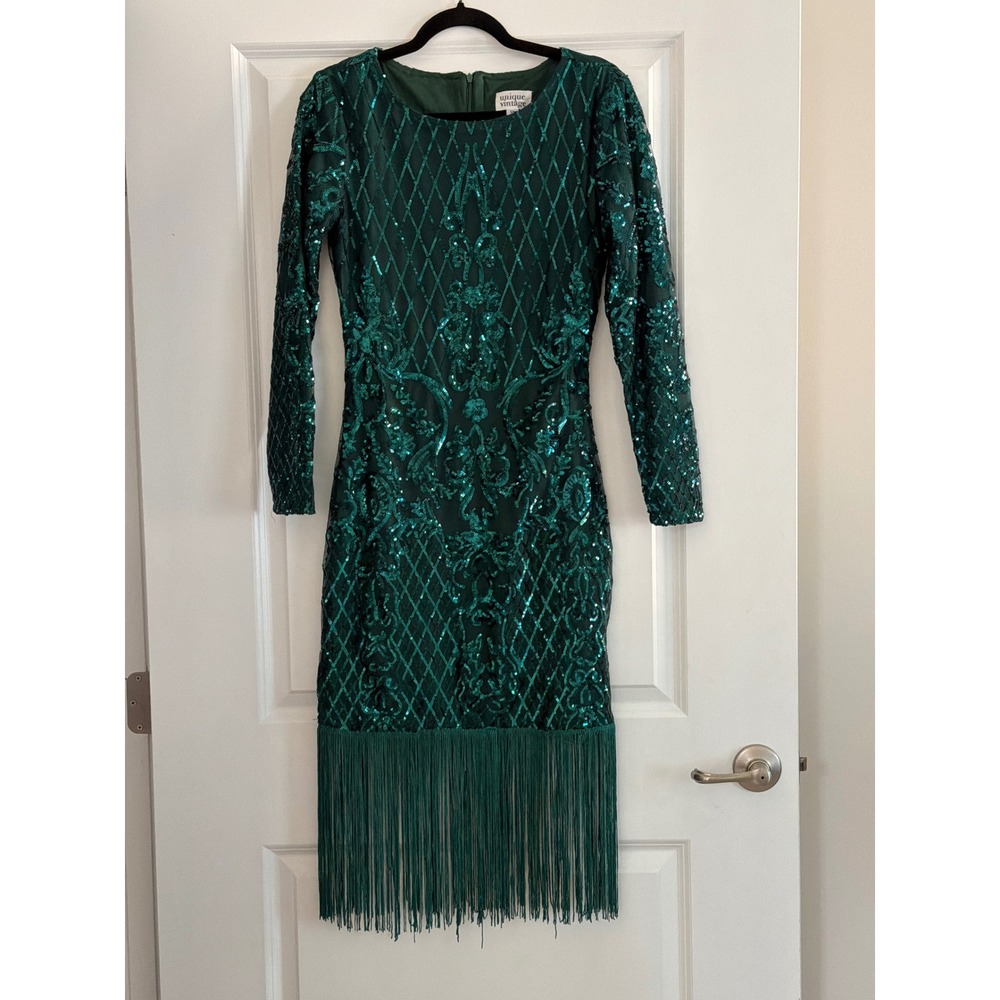 Unique Vintage 1920s Margaux Emerald Green Sequin Fringe Flapper Dress Small 4